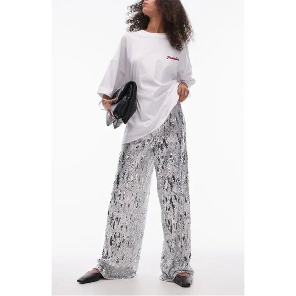 Topshop Pants - TOPSHOP Sequin Wide Leg Pants in Silver Size US 8-10